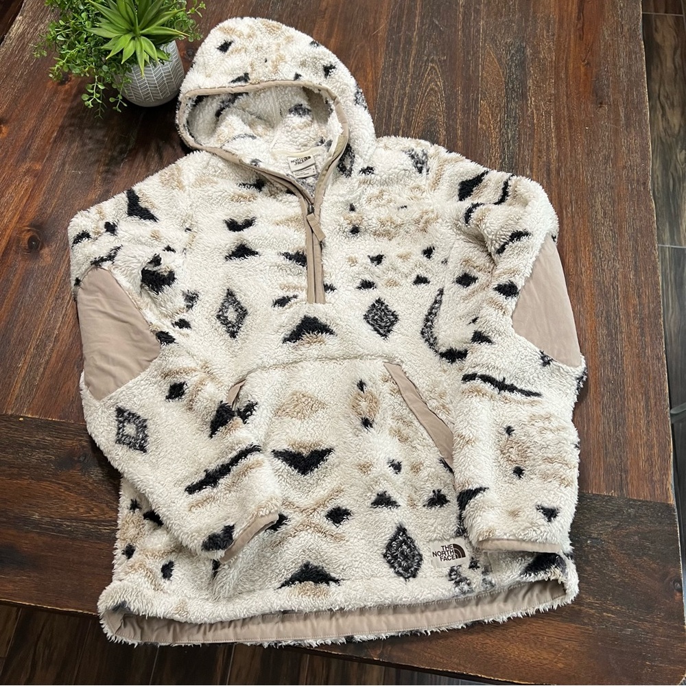 Sherpa pullover sweatshirt v neck zip pockets cream white black tan tribal Small - Picture 1 of 10